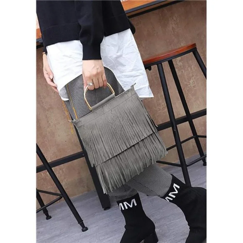Gray Fringe Tassel‎ Fringe Crossbody Bag Leather Shoulder Bag Hobo Handbag Purse